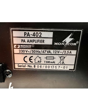 Monacor PA 402 - wzmacniacz miksujący 20W, 100V i 4-8 om, 2 wej. mikrofonowe