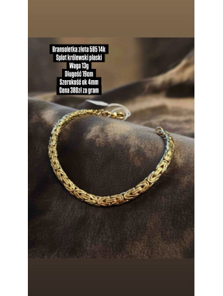 Złota bransoletka pr.585 14k splot królewski płaski waga 13g
